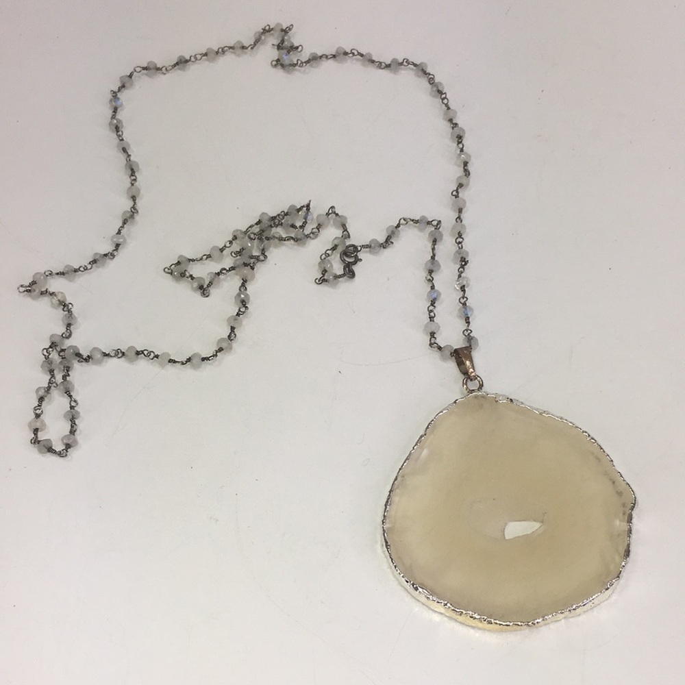 Quartz slice necklace rosary style beads white silver tone 30”